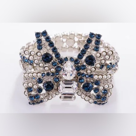 Miu Miu Jewelry - Miu Miu Silver Blue Crystal Faux Pearl Bow Shaped Statement Designer Bracelet